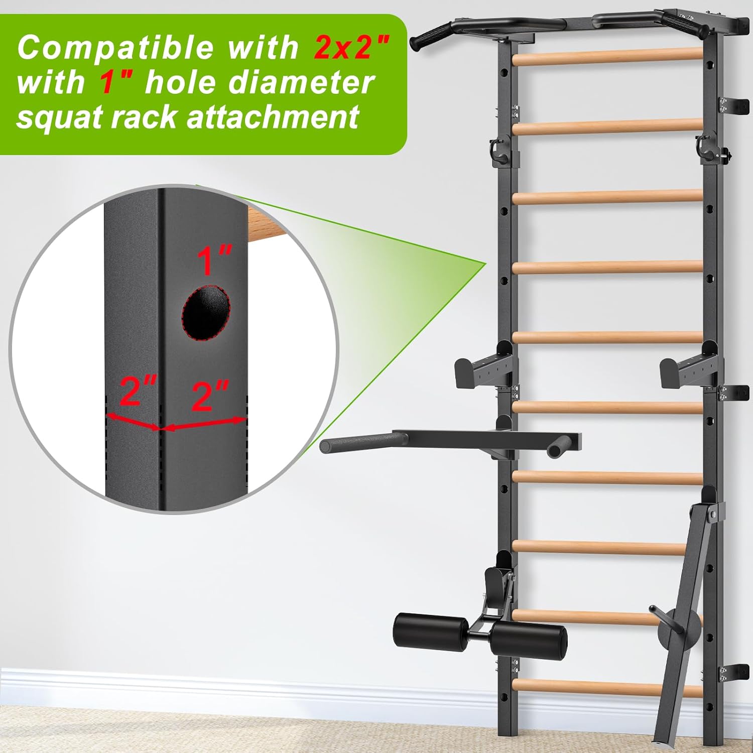 Kipika Gymnastic Stall Bar - 2"x2" Swedish Ladder with 1" Hole, Wall Mounted Pull-up Bar Ladder Suspension Trainer, Solid Wood Grips Gymnastics Training Bar for Home, Wall Gym, School - Image 2