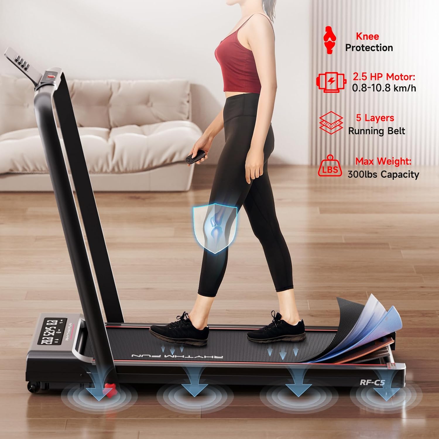 RHYTHM FUN Foldable Treadmill, 300 lb Capacity Walking Pad 2.5HP Treadmill Under Desk, Portable Treadmill for Home and Office, Folding Treadmill 2 in 1 with Remote Control, LED Display - Image 5