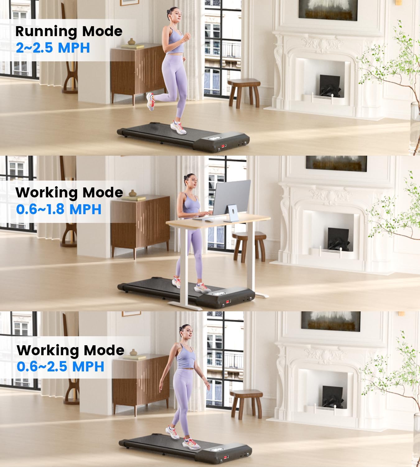 DeerRun Walking Pad 2 in 1 Under Desk Treadmill, 2.5HP Low Noise Walking Pad Running Jogging Machine with Remote Control for Home Office, Lightweight Portable Desk Treadmill Installation Free - Image 2