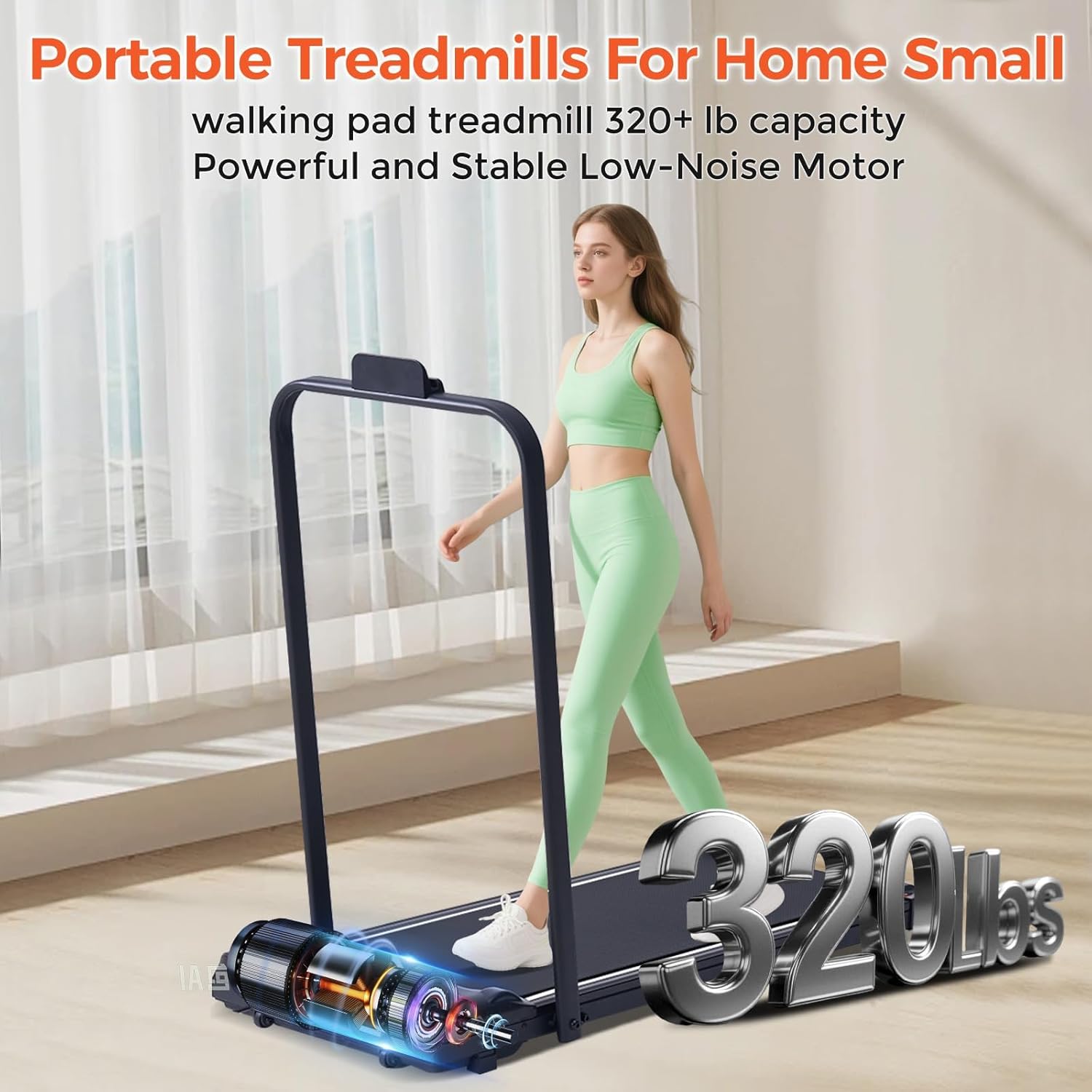 Folding Walking Pad Treadmill with Handle Bar, 3.5HP Compact Portable Foldable Walking Pads Treadmill with Handles, Electric Small Treadmills for Home Office Apartment, LED Display, 400 LBS Capacity - Image 3