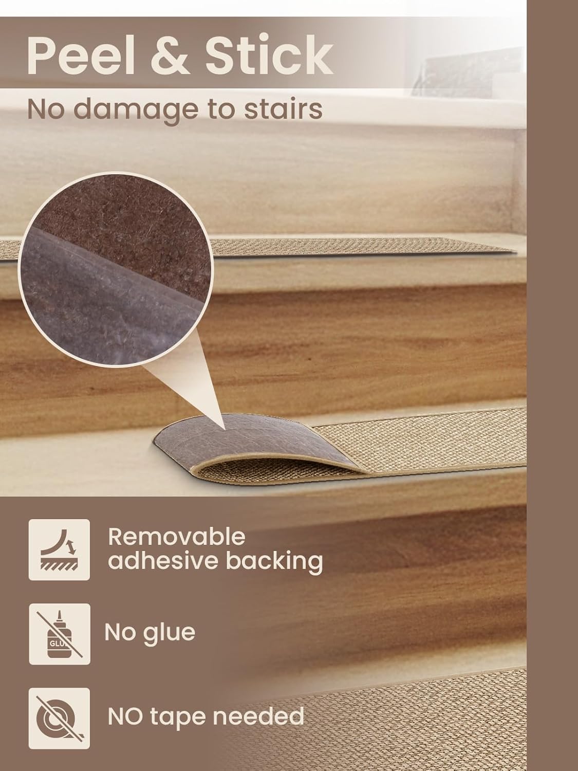 Stair Treads for Wooden Steps Indoor, Peel and Stick Stair Treads,Stair Runners, Non-Slip Carpet Stair Treads for Kids, Elders & Pets, Machine Washable, Reusable(15PCS,Beige) - Image 3