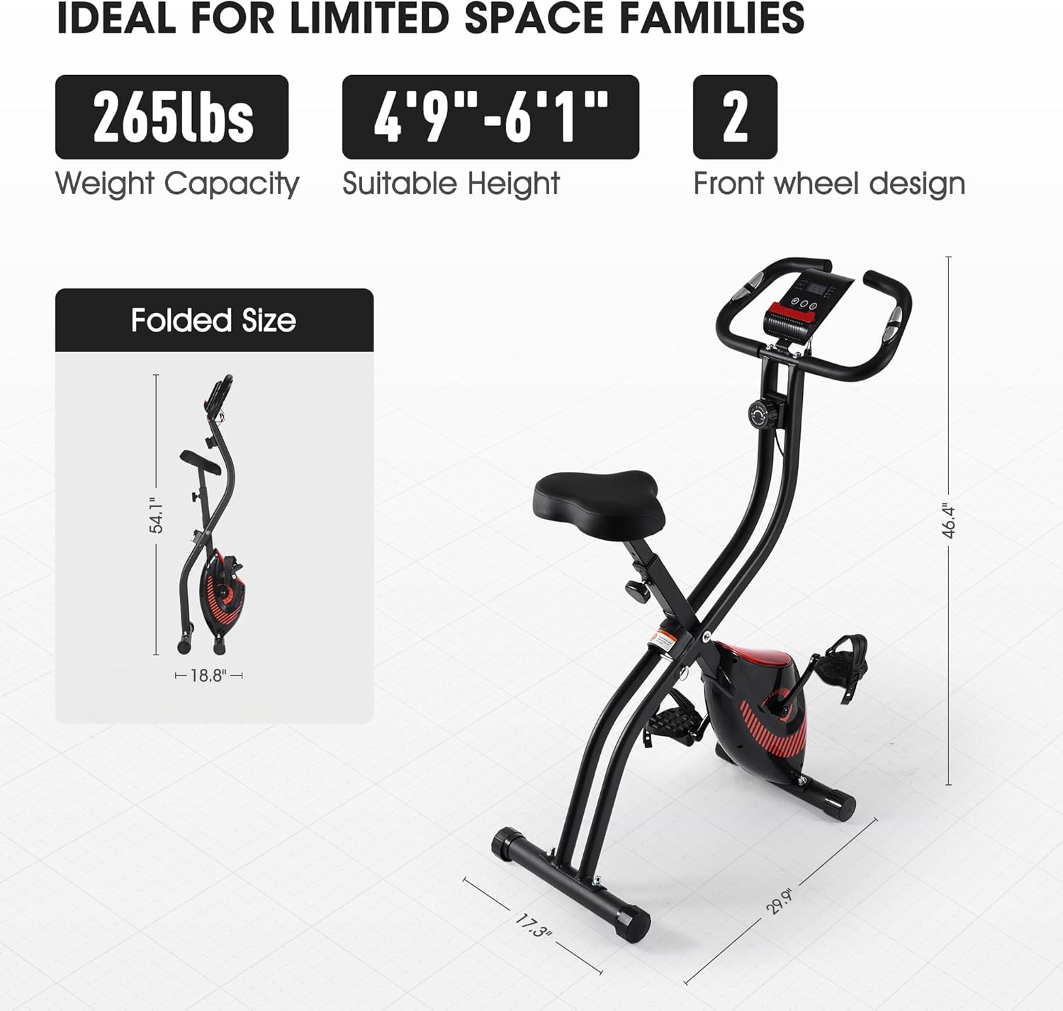 Exercise Bike 3 IN 1 Stationary Bike Folding Exercise Bike with 8-Level Adjustable Resistance Comfortable Seat Cushion LCD Monitor 265 lbs Weight Capacity for Home Gym Workout - Image 7