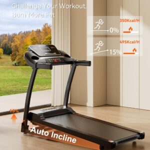 Treadmill for Home, 3.0HP Folding Treadmill with Incline, 300 lbs Capacity, Bluetooth & Heart Rate Sensor, Space-Saving Design