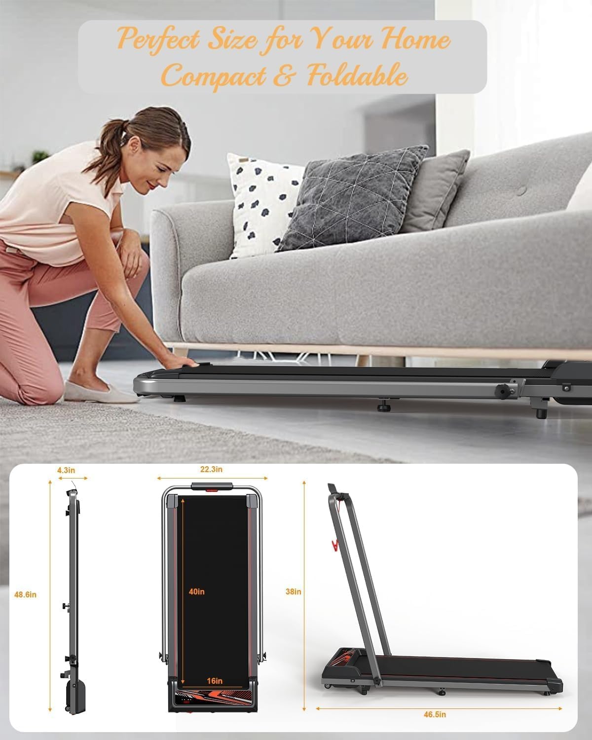 Treadmill with Handles, 2.5HP Walking Pad Treadmills with Handle Bar, Under Desk Treadmill with Remote Control LED Display, Electric Treadmills for Home Small, 270LBS Capacity - Image 3