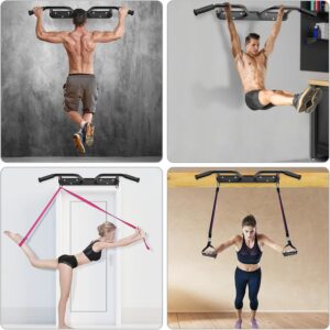 SELEWARE Heavy Duty Wall Mounted Doorway Pull Up Bar Fully Welded Multifunctional Chin Up Bar with Resistance Band Hooks & Ball Finger Training, 500LB Capacity Support Beam or Joist Mount