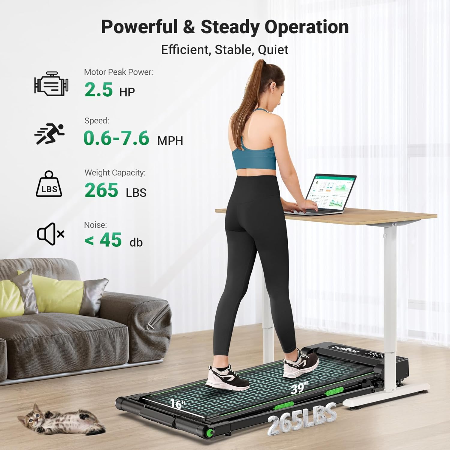 THERUN Walking Pad, 2 in 1 Foldable Treadmills for Home, 2.5HP Under Desk with Handle Bar, 16" Widened Running Belt, with Remote Control & LED Touch Screen - Image 2