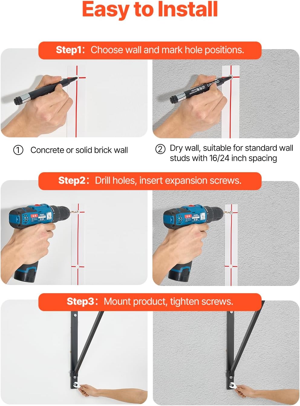 VEVOR Pull Up Bar, 50 in Width Wall Mounted Pull Ups, Adjustable Depth 22" or 30" from Wall, Heavy Duty Steel Upper Body Workout Bars, 440 lbs Weight Capacity Chin Up Training Station, for Home Gym - Image 4