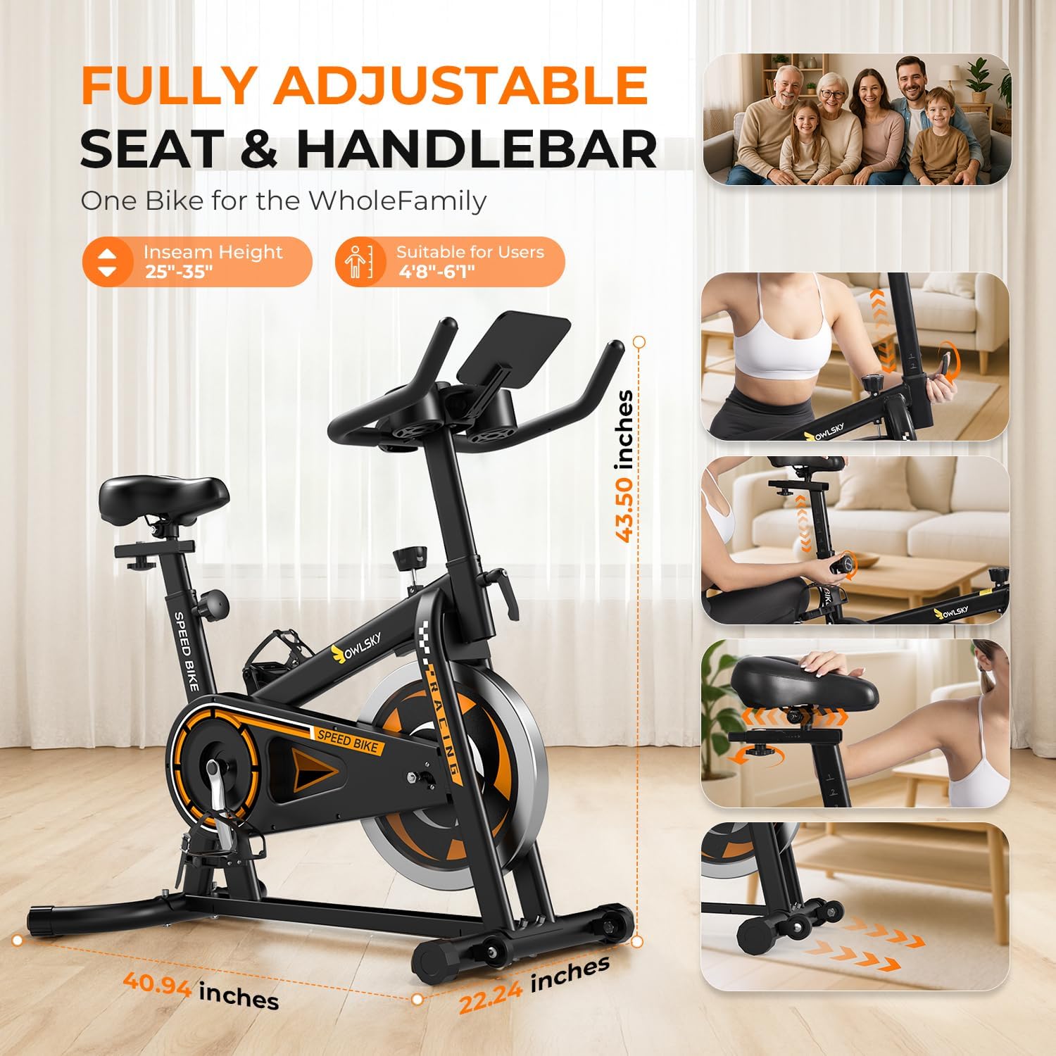 OWLSKY Exercise Bike with APP, Magnetic Resistance Indoor Cycling Bike, 300 lbs Capacity Quiet Stationary Bike for Home Gym Cardio Workout, Adjustable Seat & Tablet Holder - Image 6