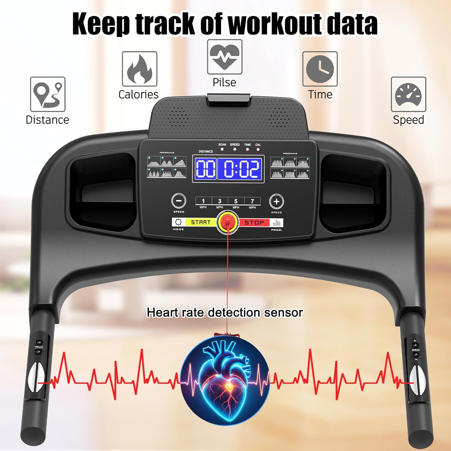 Foldable Treadmill 3.0 HP Quiet Brushless, 7.5 MPH, 300 LBS Capacity for Indoor Home Gym Use with Pulse Sensor LED Display Treadmill with Bluetooth Speaker - Image 3
