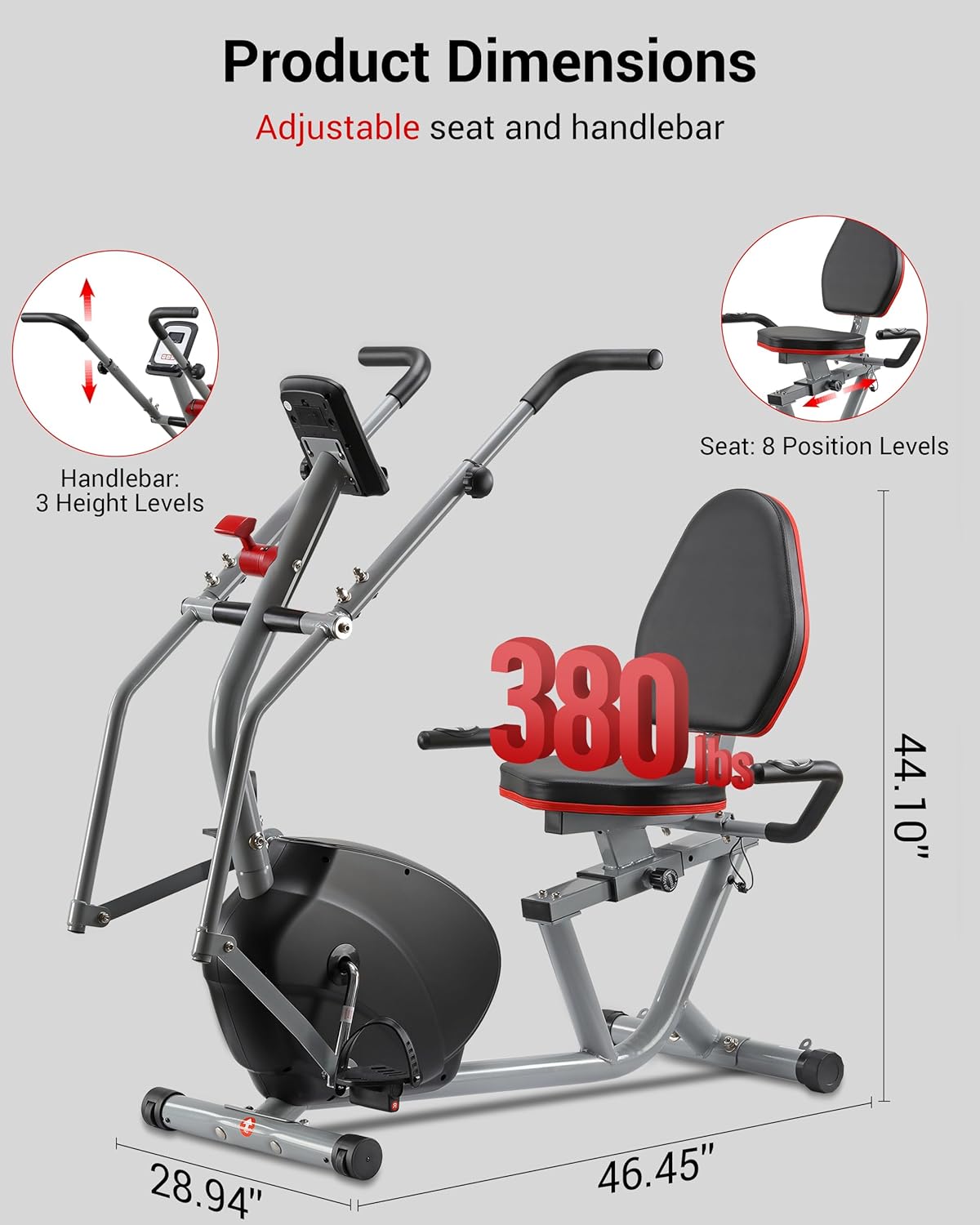 ECHANFIT Recumbent Exercise Bike with Arm Exerciser for Home - Elliptical Recumbent Cross Trainer with Backlit Display, Pulse Sensor, 8-Level Magnetic Resistance, 380LBS Weight Capacity - Image 3