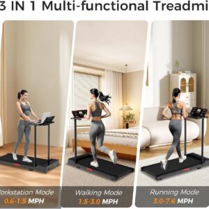 Treadmill with Handles, Treadmills for Small Spaces, 3.0HP Walking Pad Treadmills with Handle Bar & LED Display, Treadmill with Desk Workstation for Home Office, 320 LBS Capacity