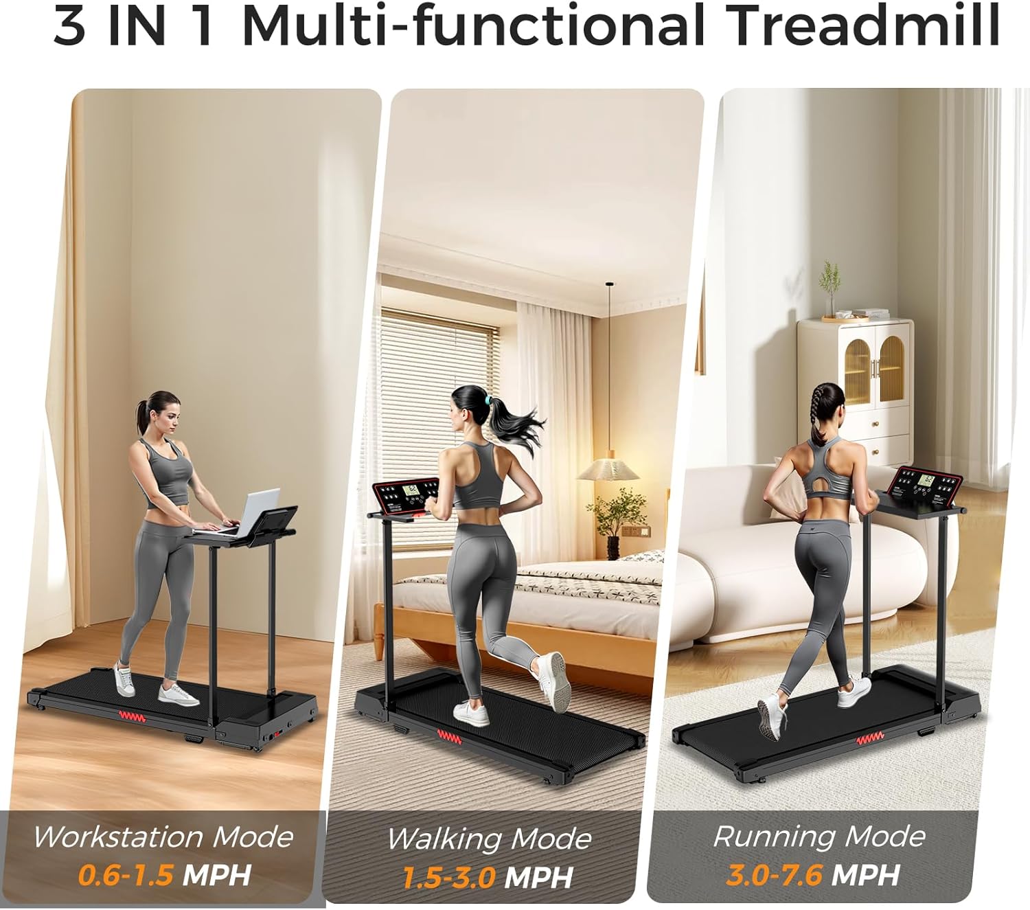 Treadmill with Handles, Treadmills for Small Spaces, 3.0HP Walking Pad Treadmills with Handle Bar & LED Display, Treadmill with Desk Workstation for Home Office, 320 LBS Capacity - Image 2