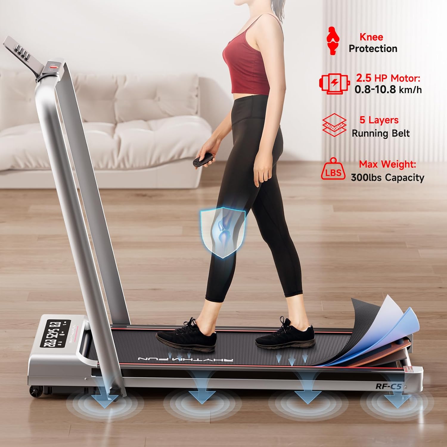RHYTHM FUN Foldable Treadmill, 300 lb Capacity Walking Pad 2.5HP Treadmill Under Desk, Portable Treadmill for Home and Office, Folding Treadmill 2 in 1 with Remote Control, LED Display - Image 5