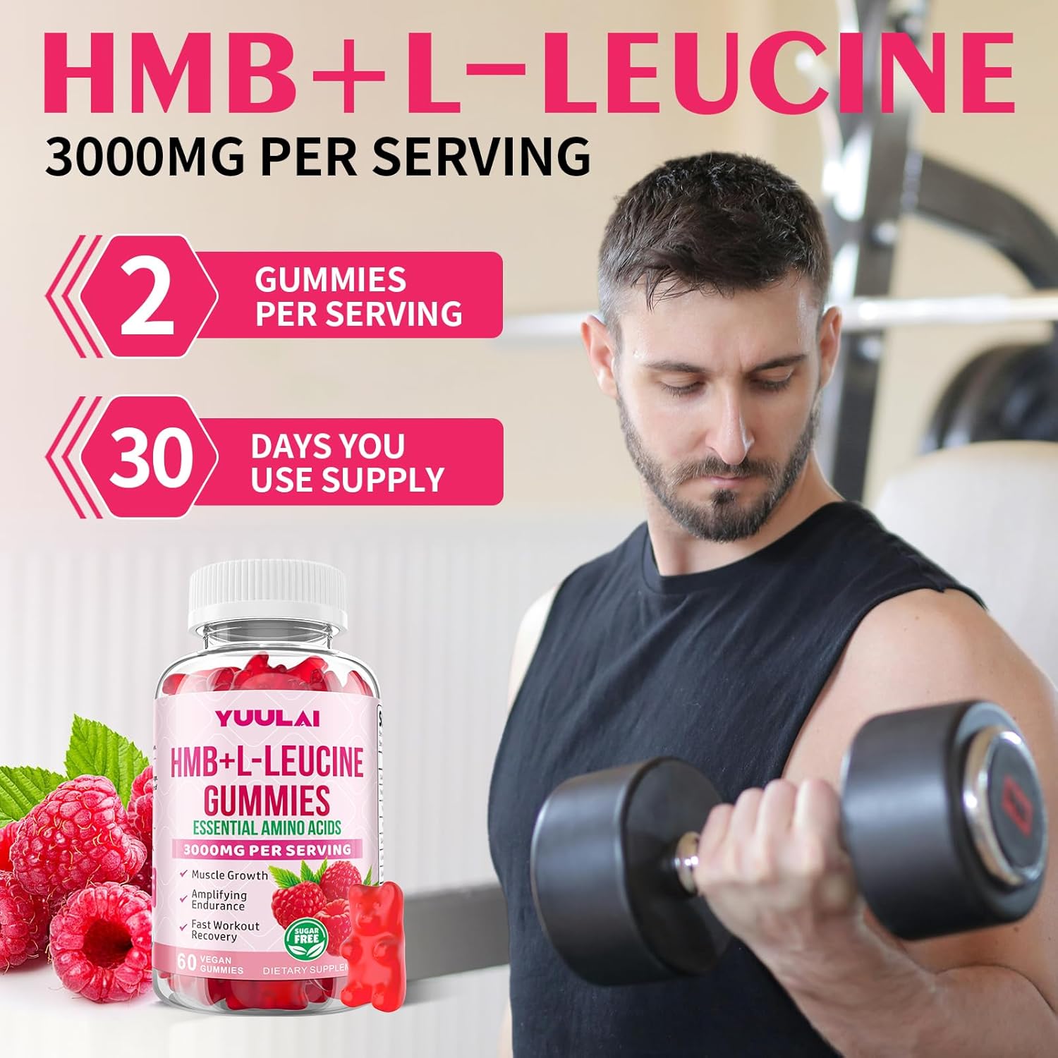 HMB and L-Leucine Gummies, 3000mg HMB and Leucine Amino Acid for Men Women, for Muscle Growth, Muscle Relief, and Fast Workout Recovery, Vegan, Raspberry Flavor, 60 Count - Image 7