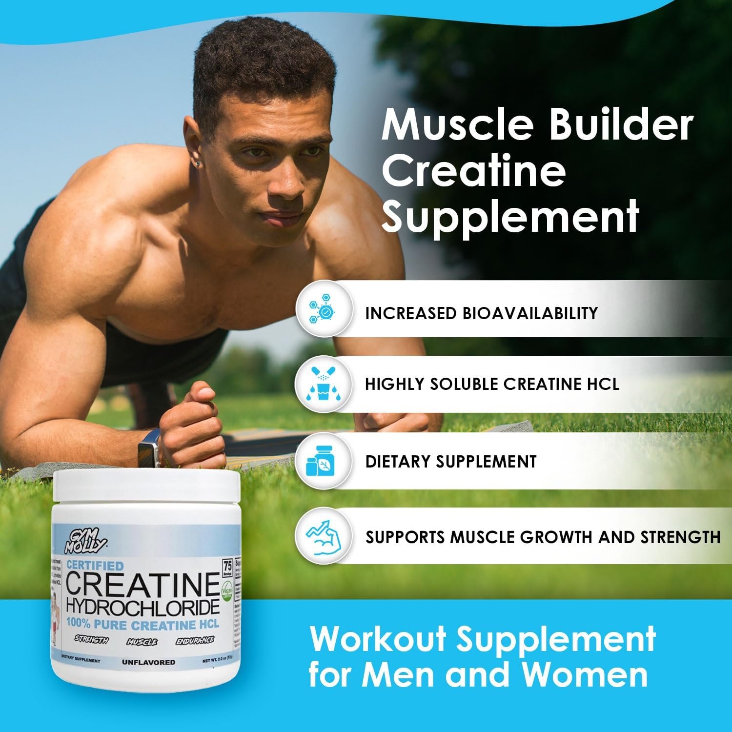 Gym Molly Creatine Hydrochloride Powder, Highly Soluble Creatine Hydrochloride, Unflavoured, Vegan, Workout Supplement for Men and Women, Muscle Builder Creatine Supplement (75 Servings, 750mg) - Image 3