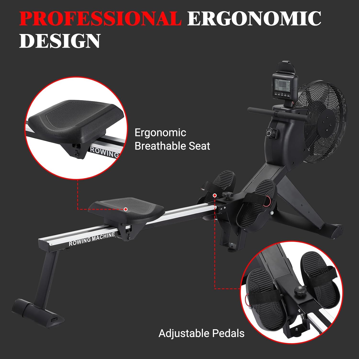Air Resistance Rower Machine with Max Resistance of 66 LBS, Durable Metal Frame Row Machine, 16 Levels of Adjustable Resistance, Rowing Machines for Home with an Ergonomicall Designed Seat - Image 6