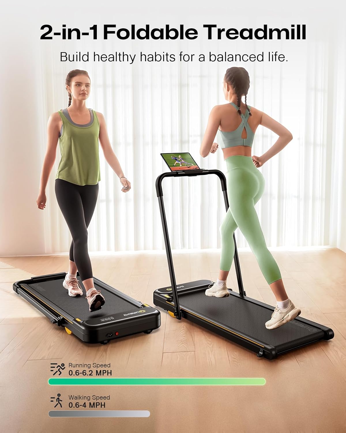 UREVO Strol 2E Smart 2-in-1 Folding Treadmill, Compact Walking Pad with Safety Handle, Plug and Play, Dual LED Display, Workout APP, Walking or Running for Home Office, Remote Included - Image 5