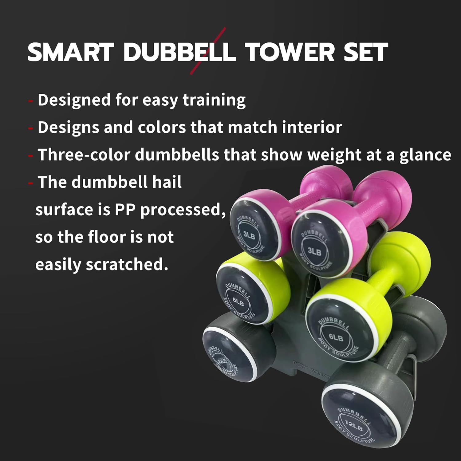 hand weights set Free‑Weight Dumbbell Set with Rack Set includes 3, 6 and 12 lb weights ideal for men and women for small and large muscle groups - Image 4
