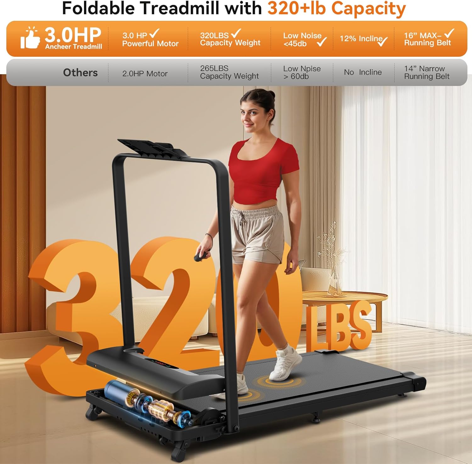 ANCHEER Treadmill with Handle Bar, 3.0 HP Foldable Walking pad with 12% Incline, 320 lbs Capacity-Portable Under Desk Folding Treadmills for Home Small with Widened Belt/Remote Control - Image 4