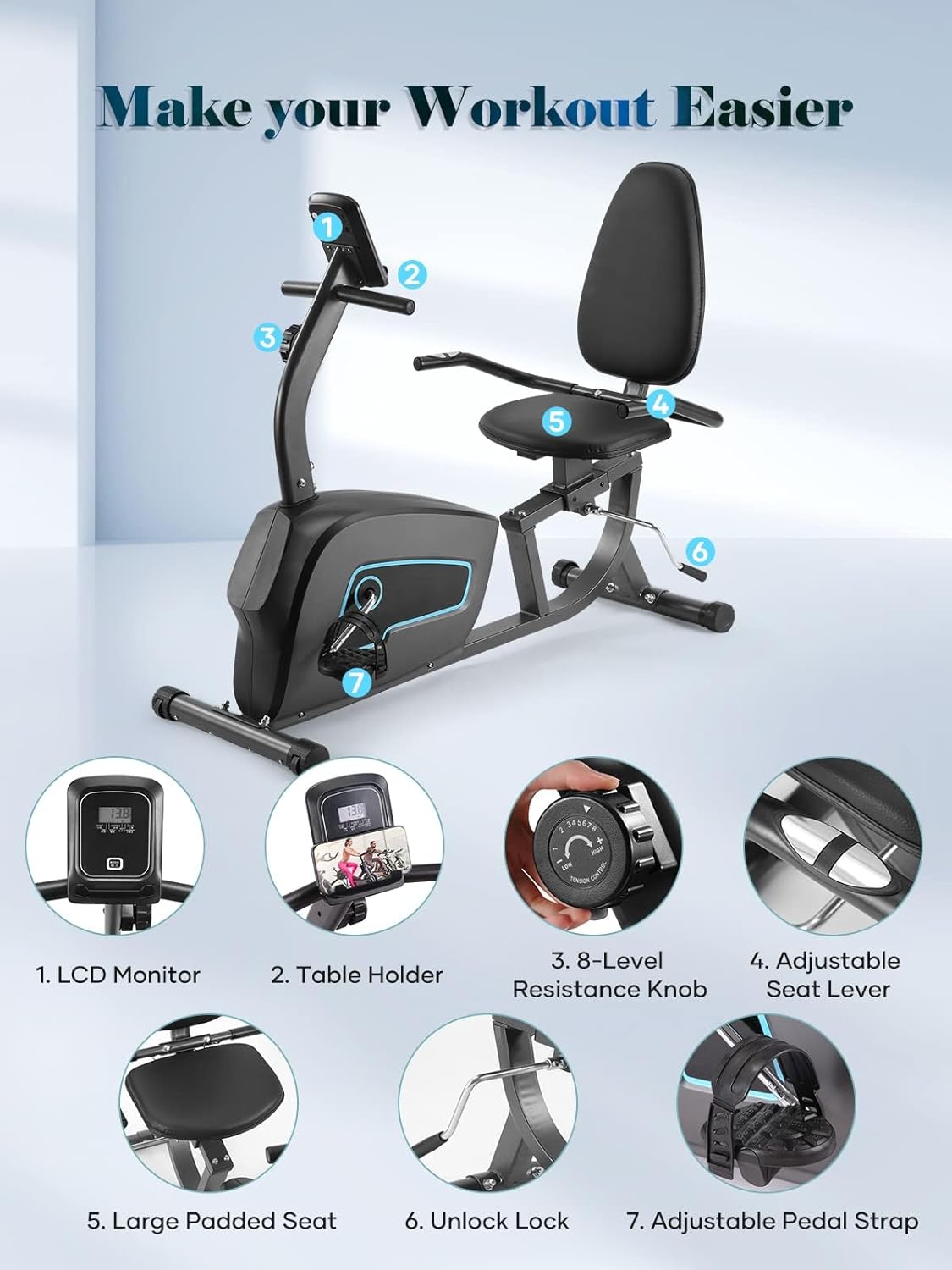 Exercise Bike Recumbent Exercise Bike for Home Stationary Bike Sturdy Quiet 8 Levels Large Comfortable Seat Heart Rate Handle & Device Holder 300 LB Weight Capacity - Image 6