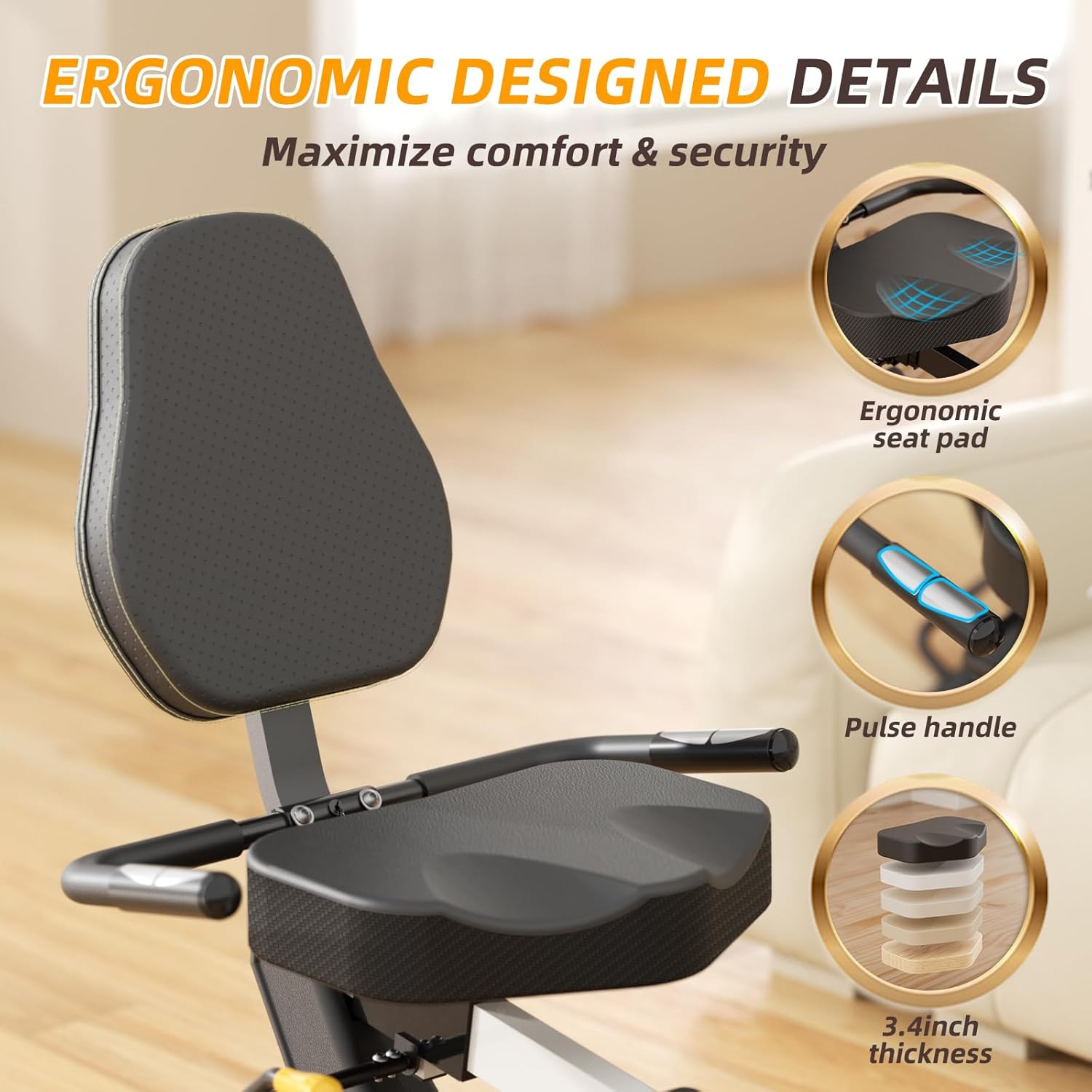 VANSWE Recumbent Exercise Bike, Recumbent Stationary Bikes for Home 400 LBS Weight Capacity, Exercise Bike for Home Seniors with Smart App and Bluetooth Connectivity, LED Display, Pulse Handle - Image 6