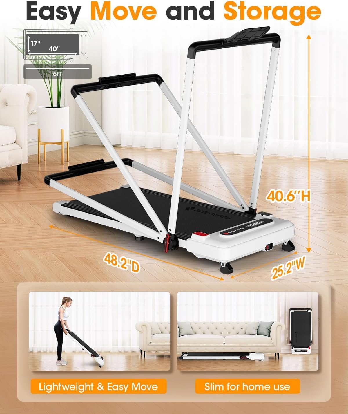 Walking Pad Treadmill with Handle Bar, 3.5HP Foldable Folding Treadmills with Incline, 3 in 1 Portable Under Desk Treadmills for Home Office Apartment with 330lbs, 17" Running Pad - Image 7