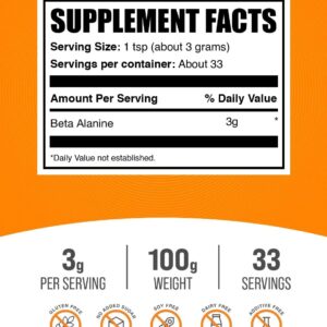 BulkSupplements.com Beta Alanine Powder – Beta-Alanine Supplement, Pre-Workout Supplement – Unflavored & Gluten Free, 3g per Serving, 100g (3.5 oz) (Pack of 1)