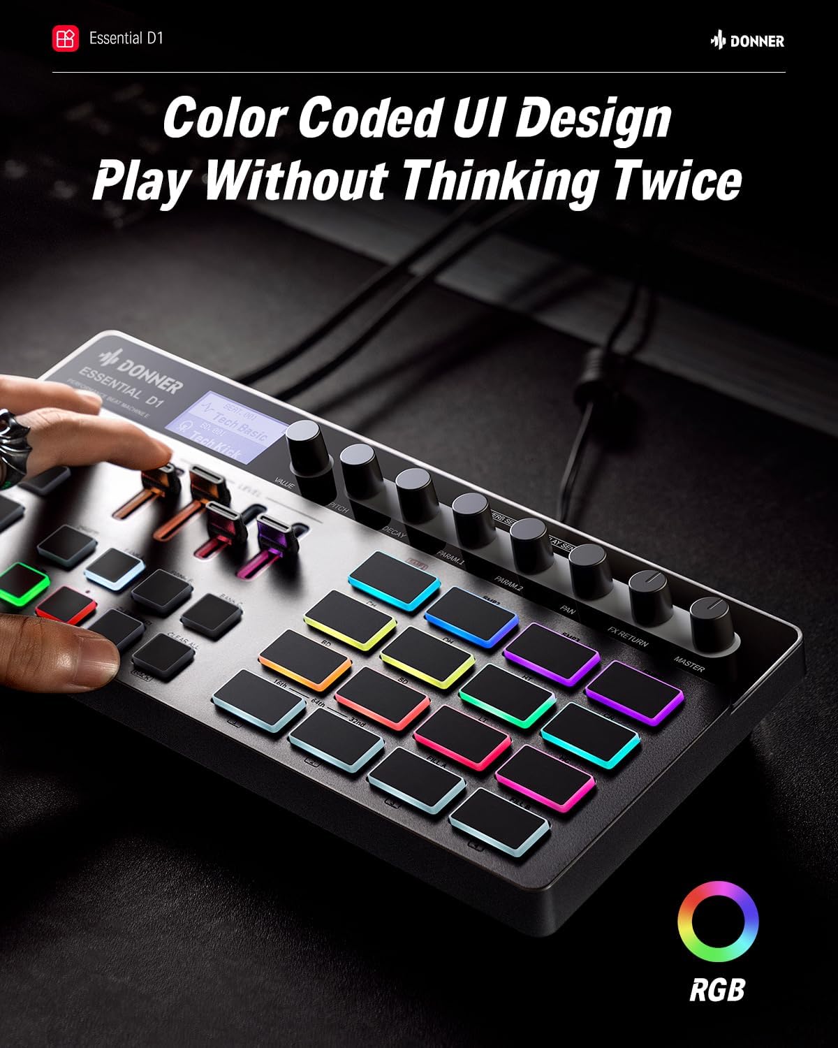 Donner Essential D1 Performance Beat Machine, Step Sequencer& Finger Drum Machine Combined, with LCD Display, 16 RGB Beat Pads, 5 Endless Encoders, 12 Tracks Sample, Reverb& Delay Effects - Image 3