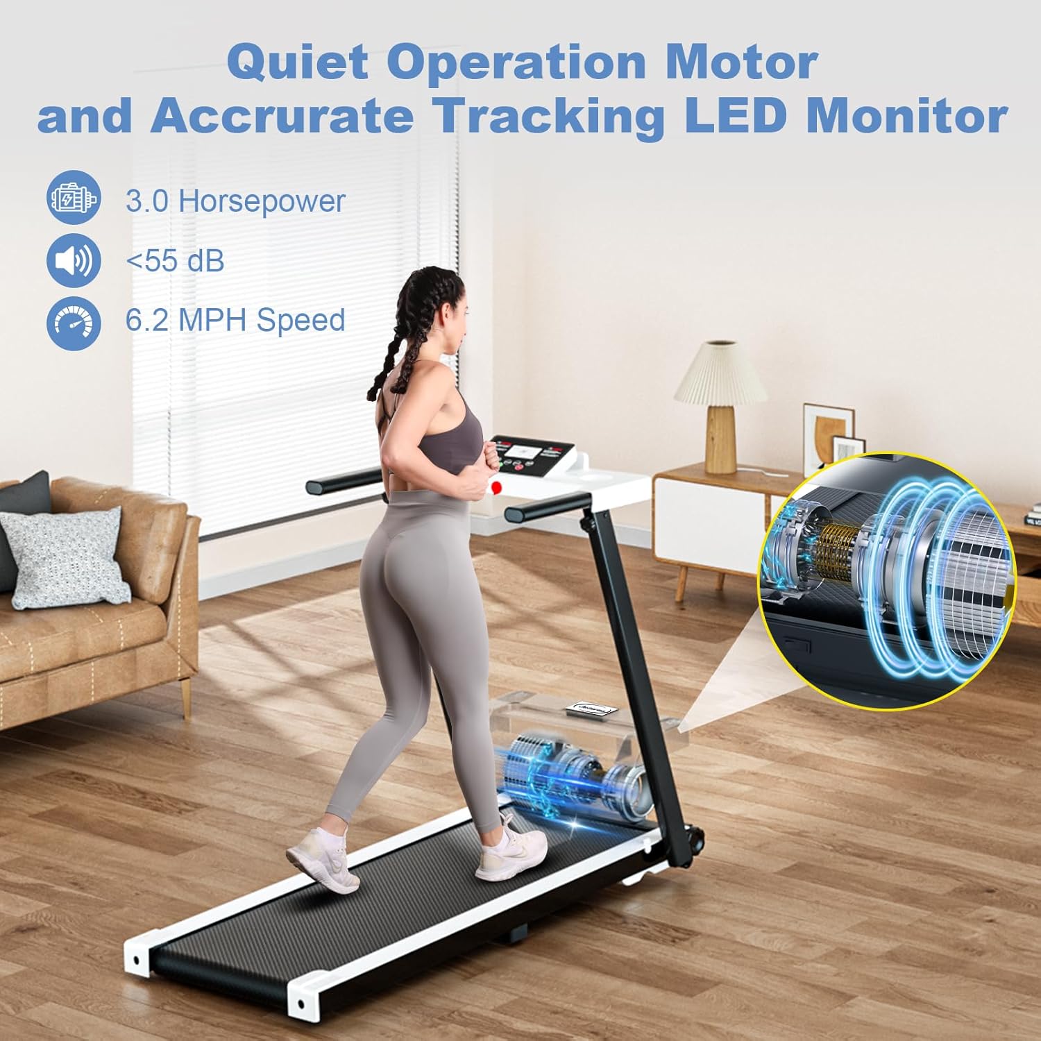 Treadmills for Home, Portable Foldable Treadmills for Home with 300 LBS Capacity and LED Display, 3.0 HP Walking Pad with Handle Bar (White) - Image 4