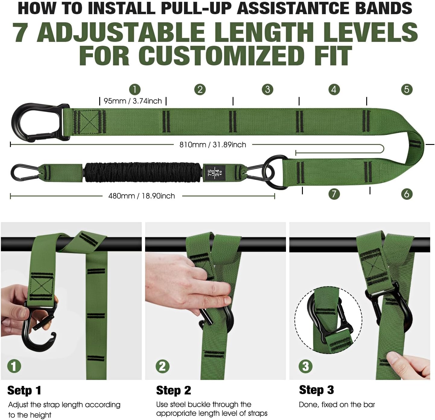 Pull Up Assistance Bands, Pull Up Bar Resistance Bands, Pull Up Bands for Enhanced Strength Training, Muscle Training, 3 Heavy-Duty Adjustable Pull Up Assist Strap & Comfortable Foot Strap - Image 8