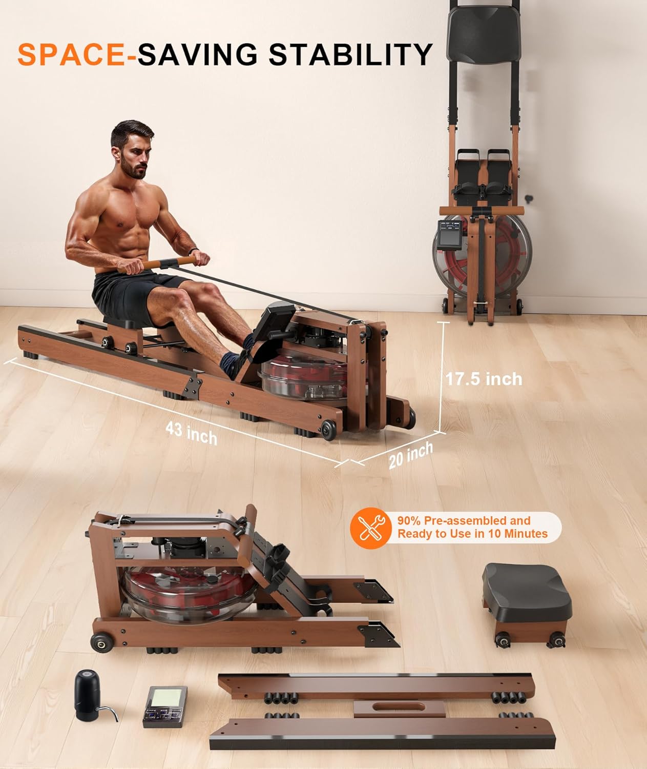 Rowing Machines for Home,Water Rowing Machine with Foldable Design,400LBS Capacity,LCD Monitor,Smooth Glide Rails,Comfortable Seat,Free App(Bluetooth) Supported for Immersive Water Rower&Home Gym - Image 7