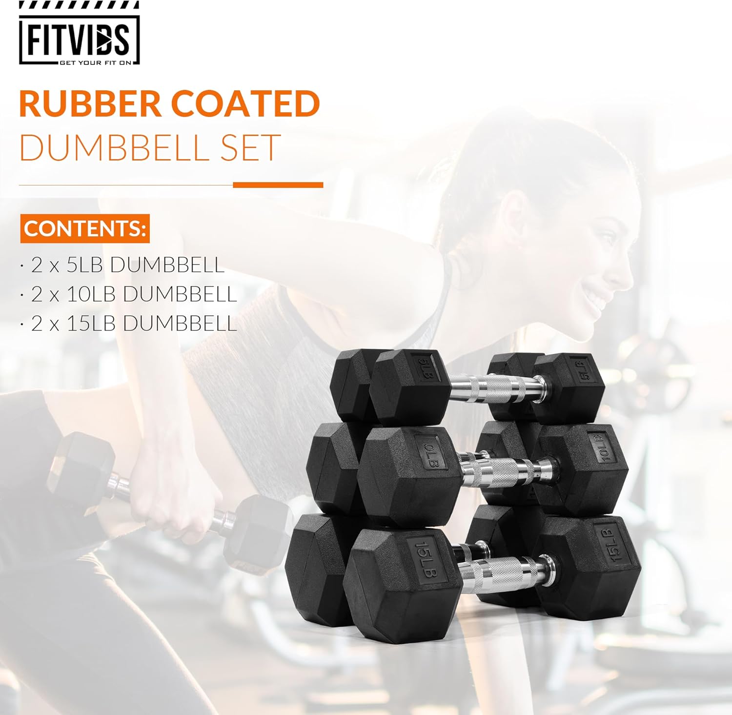 Rubber Encased Hex Dumbbell Set Contoured Handle for Muscle Toning, Strength Building & Full Body Workout, 60LB, 100LB and 150LB Set - Image 2