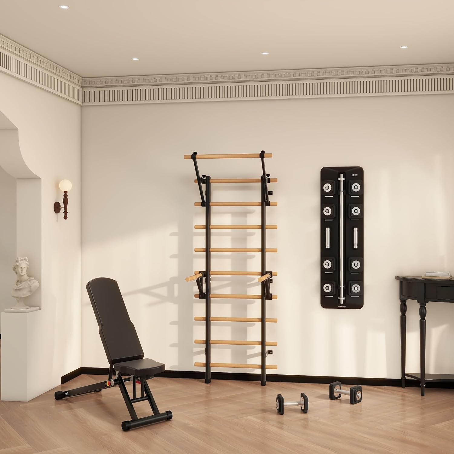 DHT Wood Stall Bar, Swedish Ladder Suspension Trainer with 9 Strategic Rods, for Home, Gym, School and Clinics, Black - Image 7