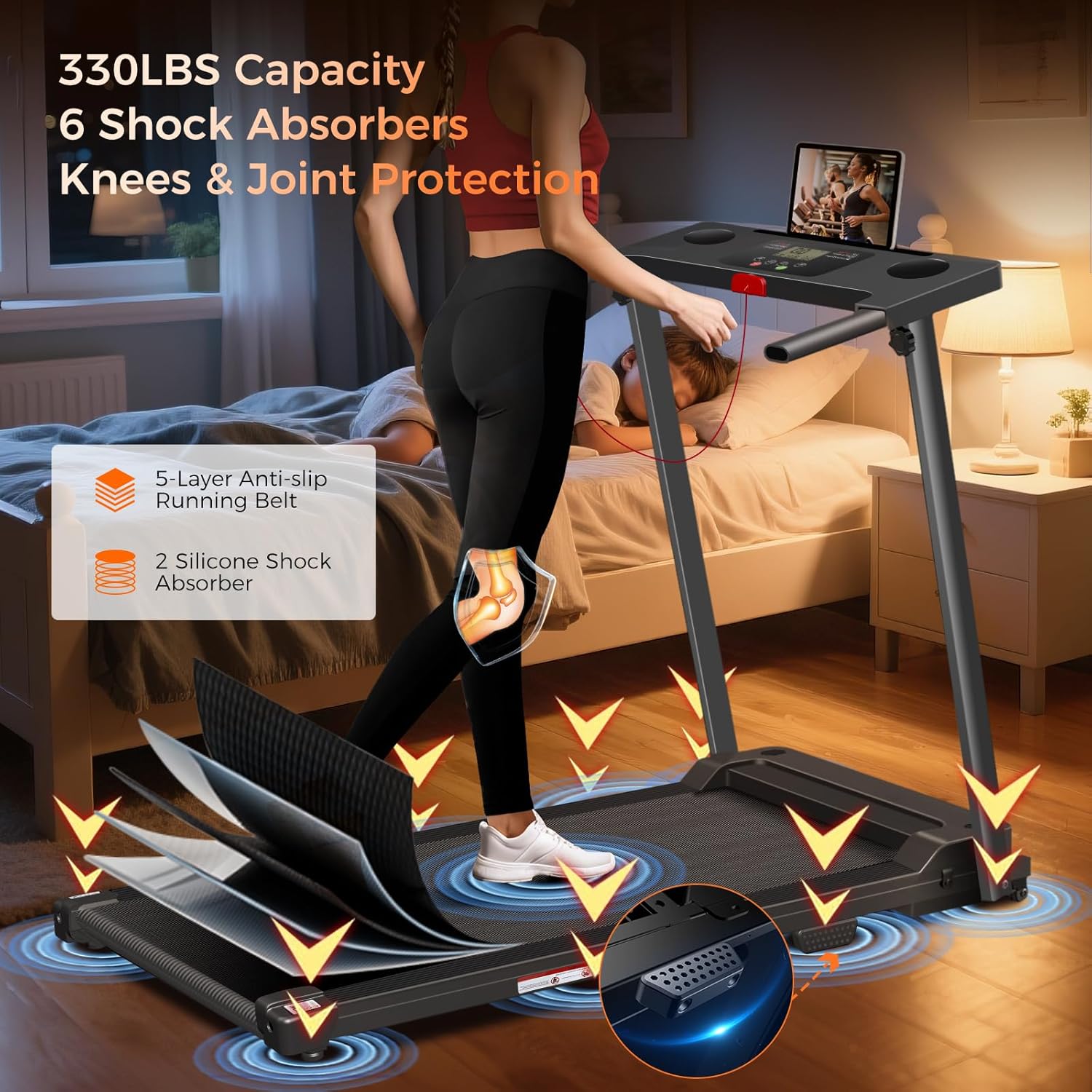 Treadmill with Handles, Portable Small Treadmills for Home and Office, 3.0HP Folding Walking Pad with 300 lbs Capacity, Cup Holder, LED Display and 12 Preset Programs - Image 6