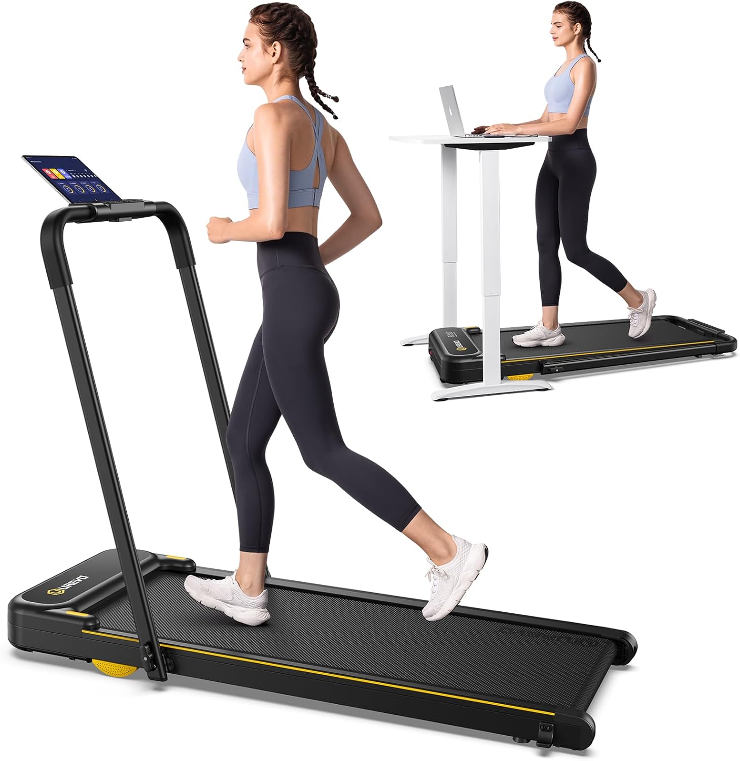UREVO Strol 2E Smart 2-in-1 Folding Treadmill, Compact Walking Pad with Safety Handle, Plug and Play, Dual LED Display, Workout APP, Walking or Running for Home Office, Remote Included