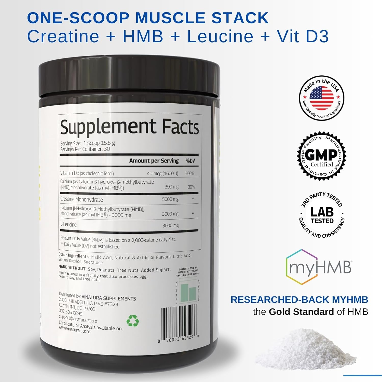 HMB Creatine Leucine Powder - 5g Creatine Monohydrate, 3g HMB Supplement, 3g L-Leucine - Vitamin D3, Vegan Lemonade Flavor, Muscle & Strength Support - 30 Servings - Image 2