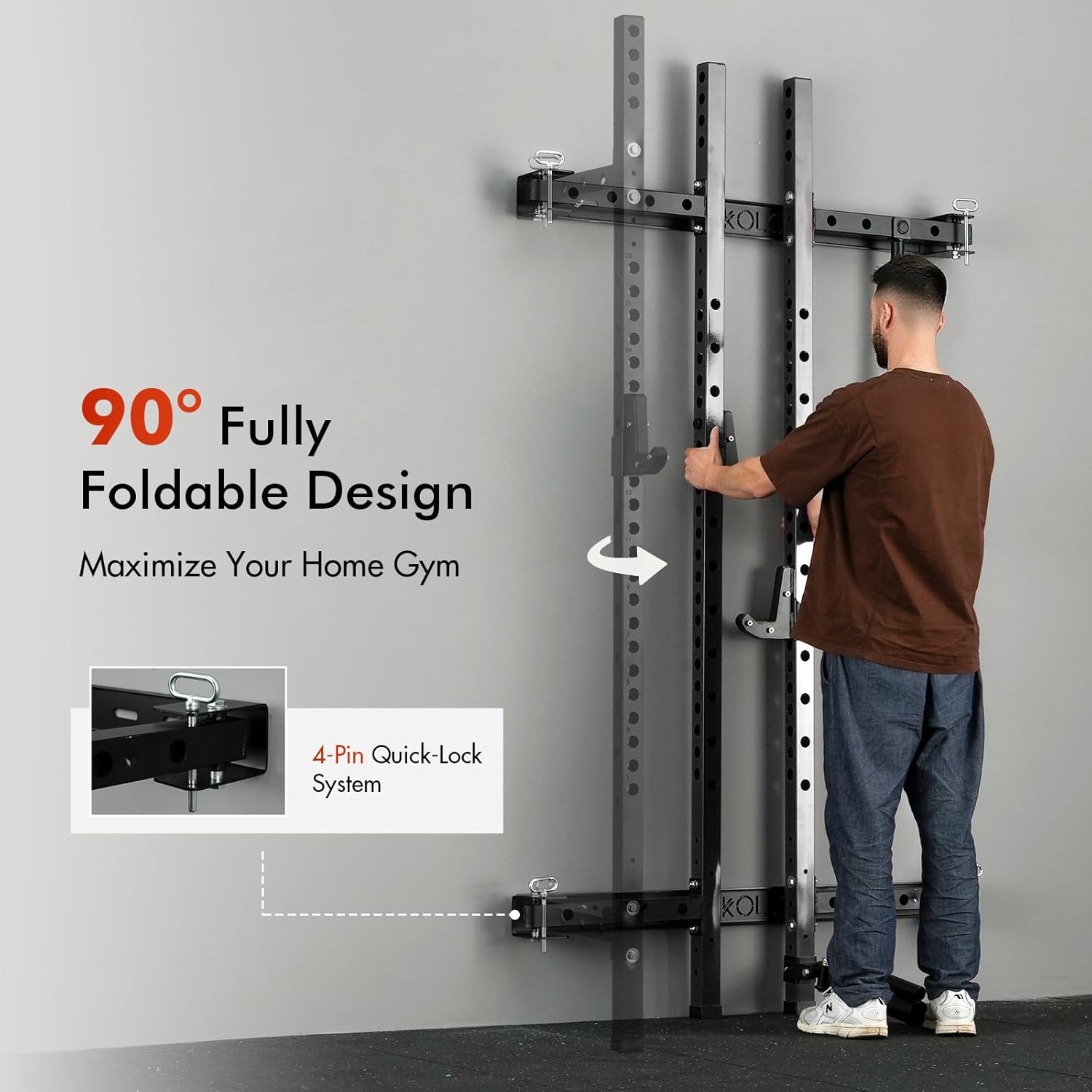 Mikolo 2" x 2" Folding Wall Mounted Squat Rack, 1000 Pounds Capacity Power Rack with Pull Up Bar, J Hooks and Other Attachments, Space-Saving Home Gym - Image 2