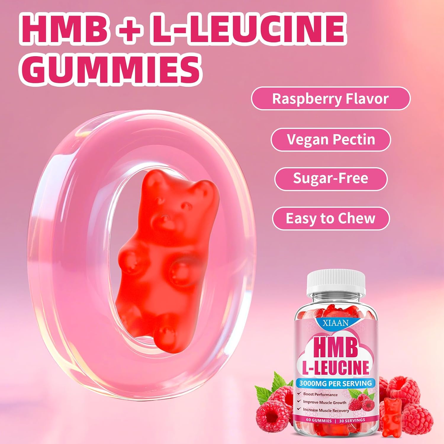HMB and Leucine Gummies for Men & Women, 3000mg Leucine HMB Amino Acids Supplement for Muscle Growth, Muscle Relief and Workout Recovery, Sugar-Free, Raspberry Flavor, 60 Count - Image 4