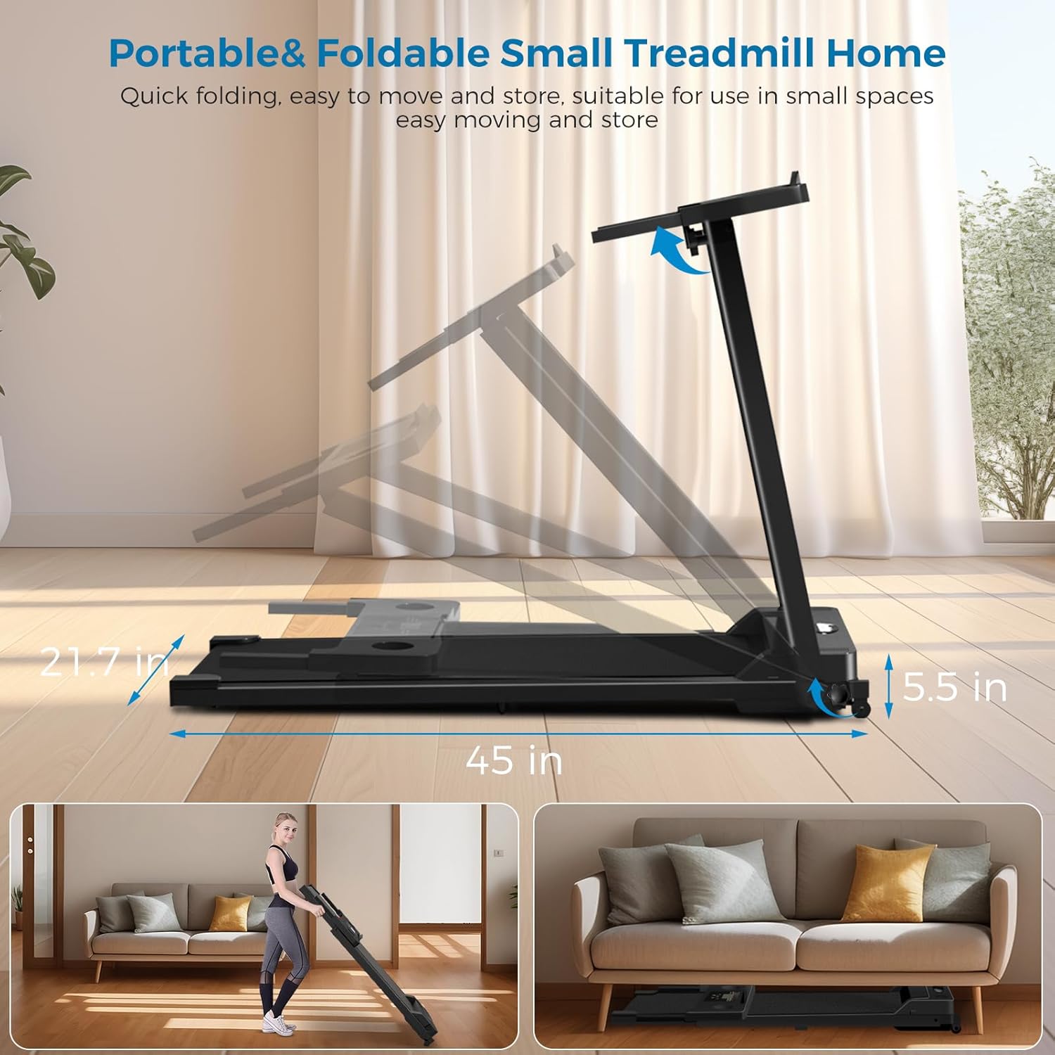 Treadmill with Handles, 2025 Upgraded Small Treadmills Home, Portable Electric Treadmills for Home 300 lbs Capacity,Walking Pad Treadmill,Lightweight Folding Foldable Walking Pad with LED Display - Image 4