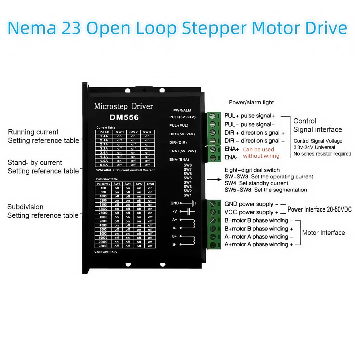 3 Axis CNC Controller Kit with Nema23 57mm Stepper Motor 3Nm 425 oz.in High Torque 2-Phase 3A, DM556 Step Motor Driver, 24V 350W Power Supply for Engraving Machine 3D Printer - Image 5