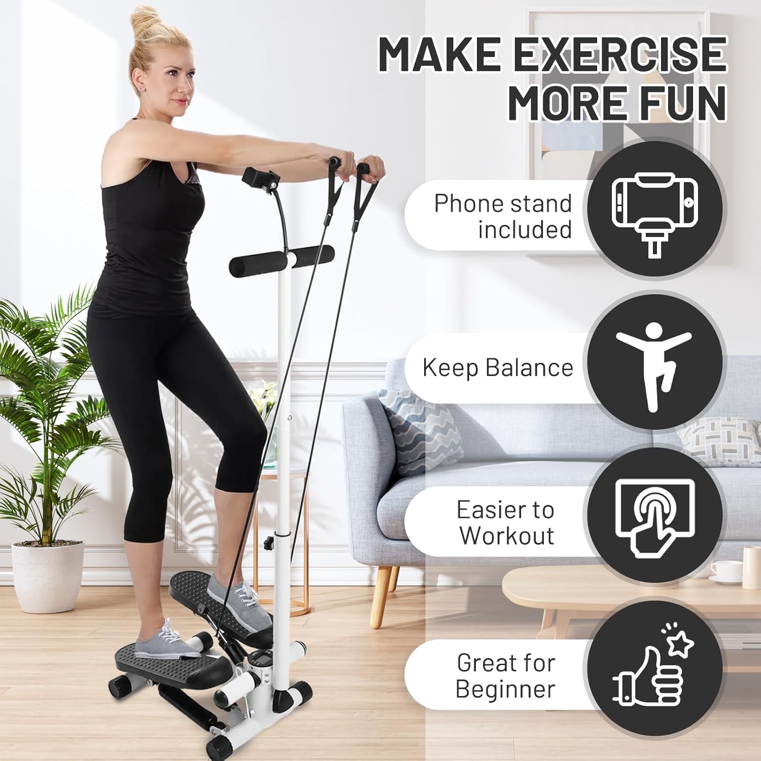 Adjustable Height Stair Stepper with Resistance Bands and LCD Monitor - 330 lb Capacity, Handlebar and Phone Stand for Home Workouts - Image 2