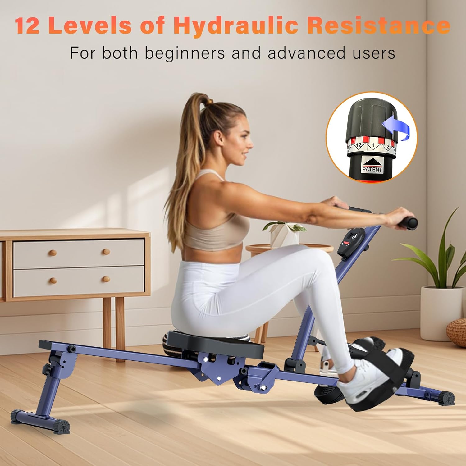 Rowing Machines for Home, Hydraulic Rower Compact Foldable, 300LBS Weight Capacity with 12 Levels Adjustable Resistance for Full-Body Cardio Workouts - Image 2