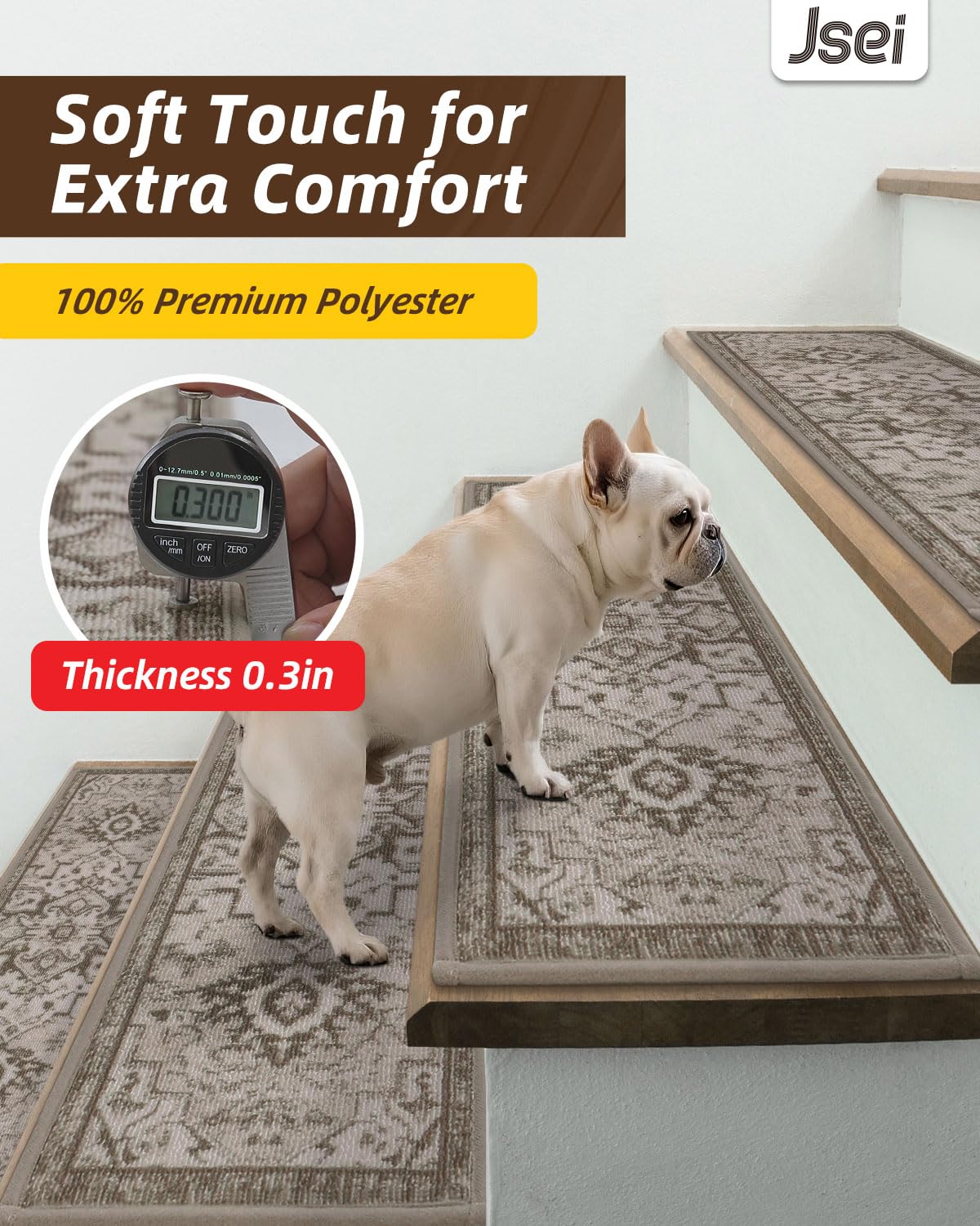 JSEI Stair Treads for Wooden Steps, 15 Pack 8" X 30" Non-Slip Machine Washable Carpet Stair Treads with TPE Backing, Soft Indoor Stair Rug Runner for Kids Elders & Pets, 100% Polyester, Beige/Brown - Image 3