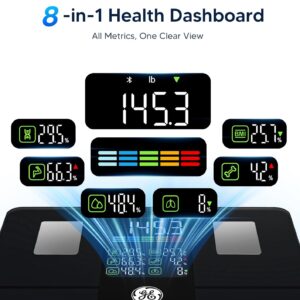 GE Scale for Body Weight, Body Fat, BMI, Muscle Mass, Smart Bathroom Scales with 14 Body Composition Metrics with Large Display, Accurate Bluetooth Weighing Machine with Fitness App, 400 lbs