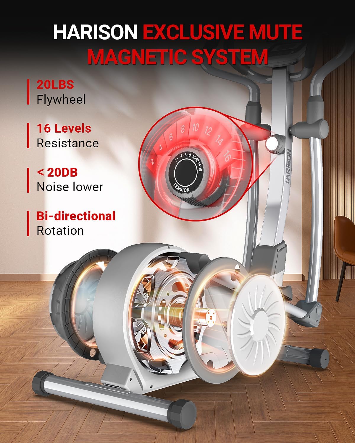 HARISON Elliptical Machine for Home 350 LBS Capacity, Magnetic Elliptical Exercise Machine with 16-Level Resistance Control, Elliptical Trainer with HARISON Bluetooth - Image 2