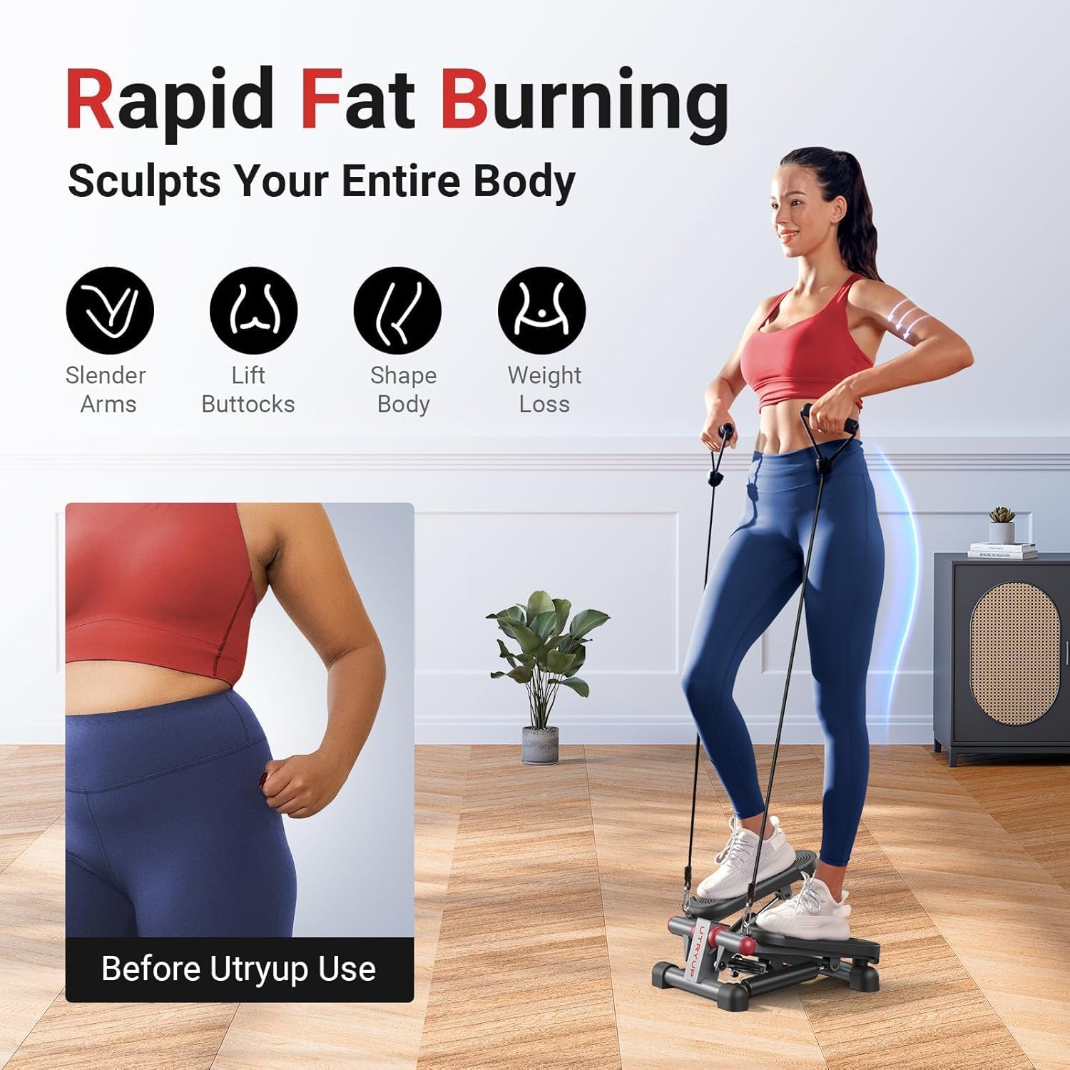 UTRYUP Mini Stepper for Home Exercise, Compact Hydraulic Stair Stepper with Resistance Bands, Quiet Fitness Machine with LCD Monitor, 300 lbs Weight Capacity - Image 2