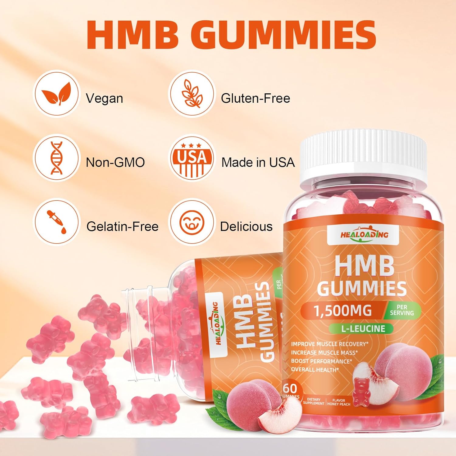 HMB and Leucine Gummies Supplement: HMB Supplements for Men 1500mg and Leucine Amino Acid for Muscle Recovery Increase Muscle Mass Improve Endurance Non-GMO Sugar Free Peach 60 Gummies - Image 6