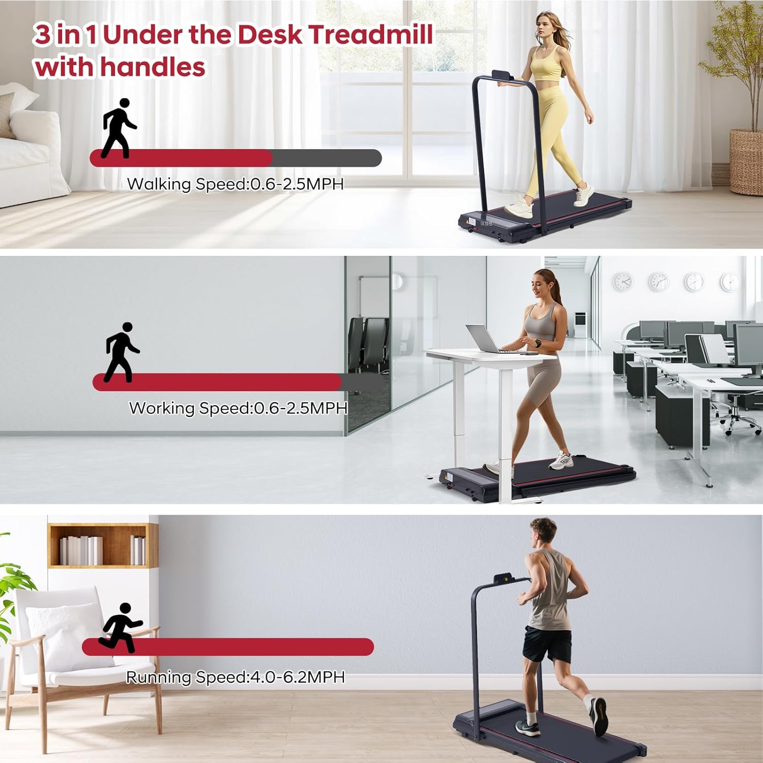 Walking Pad with Handle Bar, 3.0HP Walking Pad Treadmill with Handles, 3 in 1 Portable Under Desk Treadmills for Home Small Space, Foldable Folding Home Treadmill with Remote Control, 300LBS Capacity - Image 2