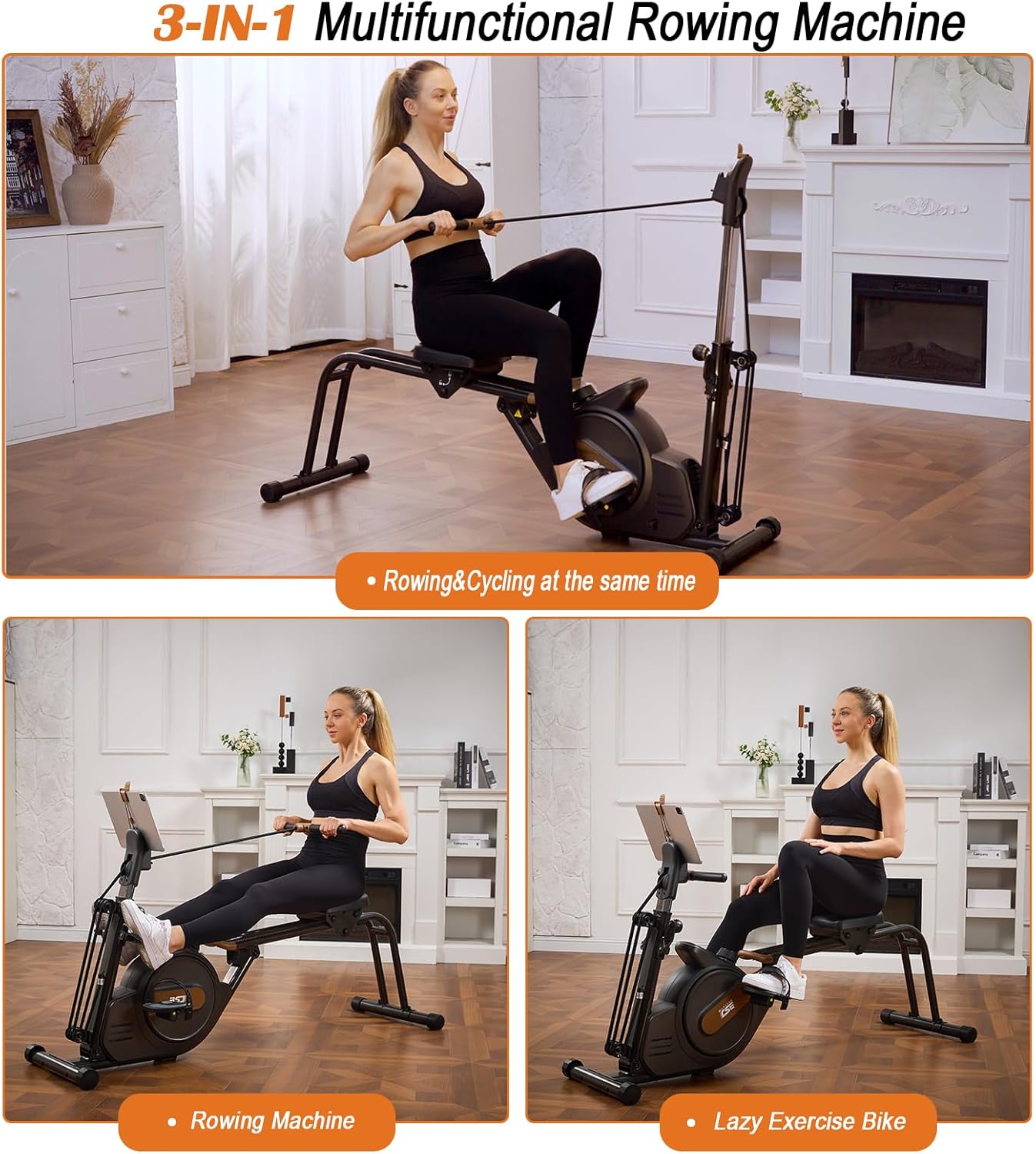 3 in 1 Rowing Machine, Dual Slide Rail 6-Level Adjustable Height with Max 350lb Weight Capacity, Home Fitness Rower for Full Body Workout, App Compatible - Image 4