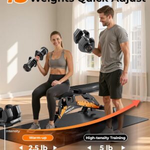 FEIERDUN Adjustable Dumbbell Set, 5-52.5lb Free Weight Dumbbells, 15 in 1, Quick Adjust Weight Set with Non-slip Handles and Tray, Dumbbells for Home Gym Exercise Strength Training, Unisex